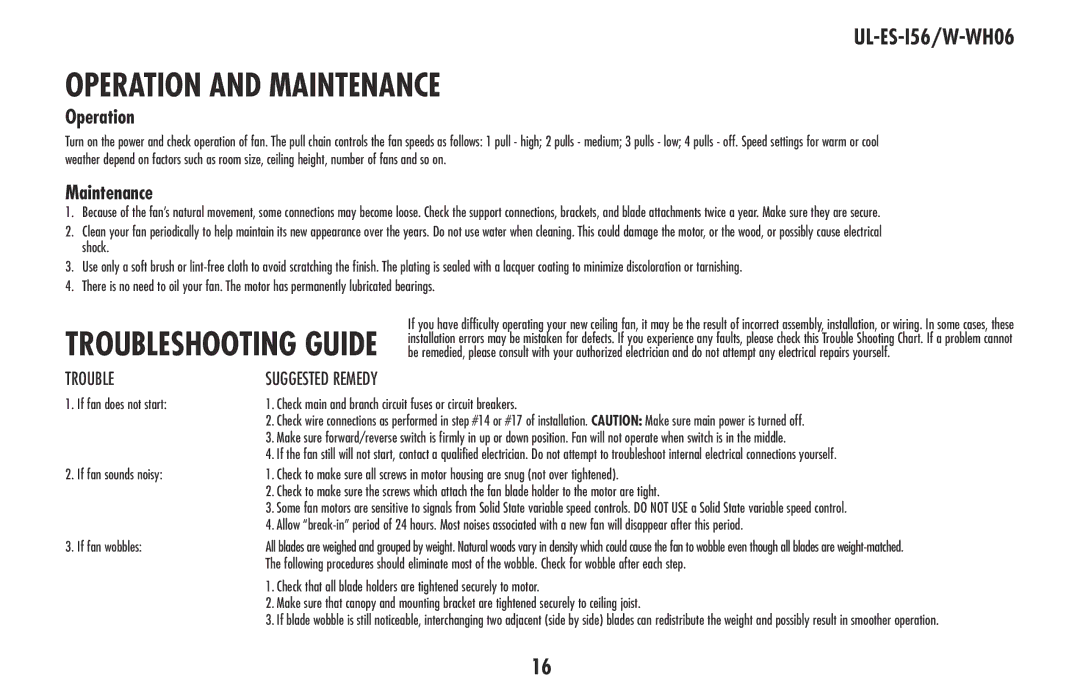 Westinghouse W-WH06 owner manual Operation And Maintenance, Trouble 